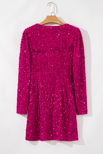 Pitaya Pink Velvet Sequin Long Sleeve V Neck Wrapped Mini Dress