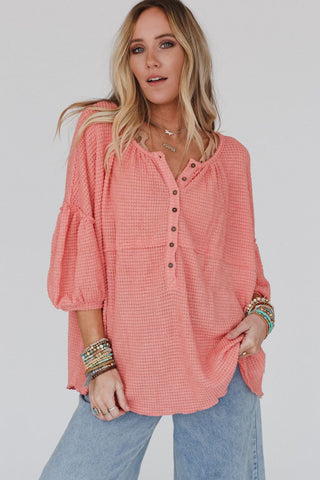 Waffled Bracelet Sleeve Oversized Henley Top