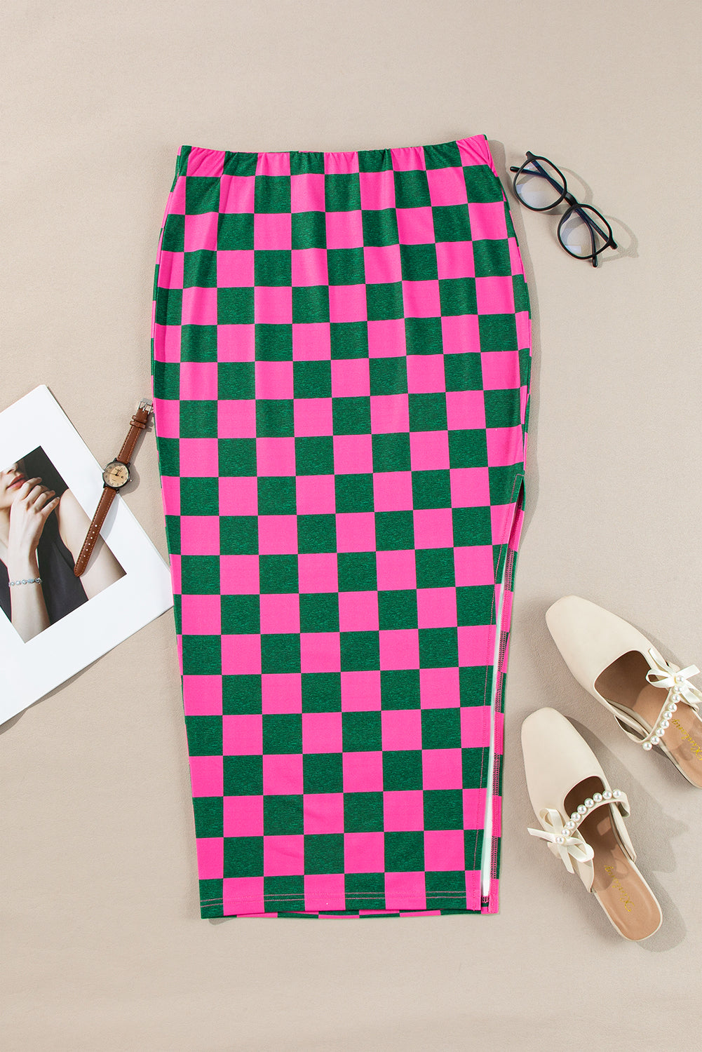 Rose Checkered Print Side Slit High Waist Midi Skirt