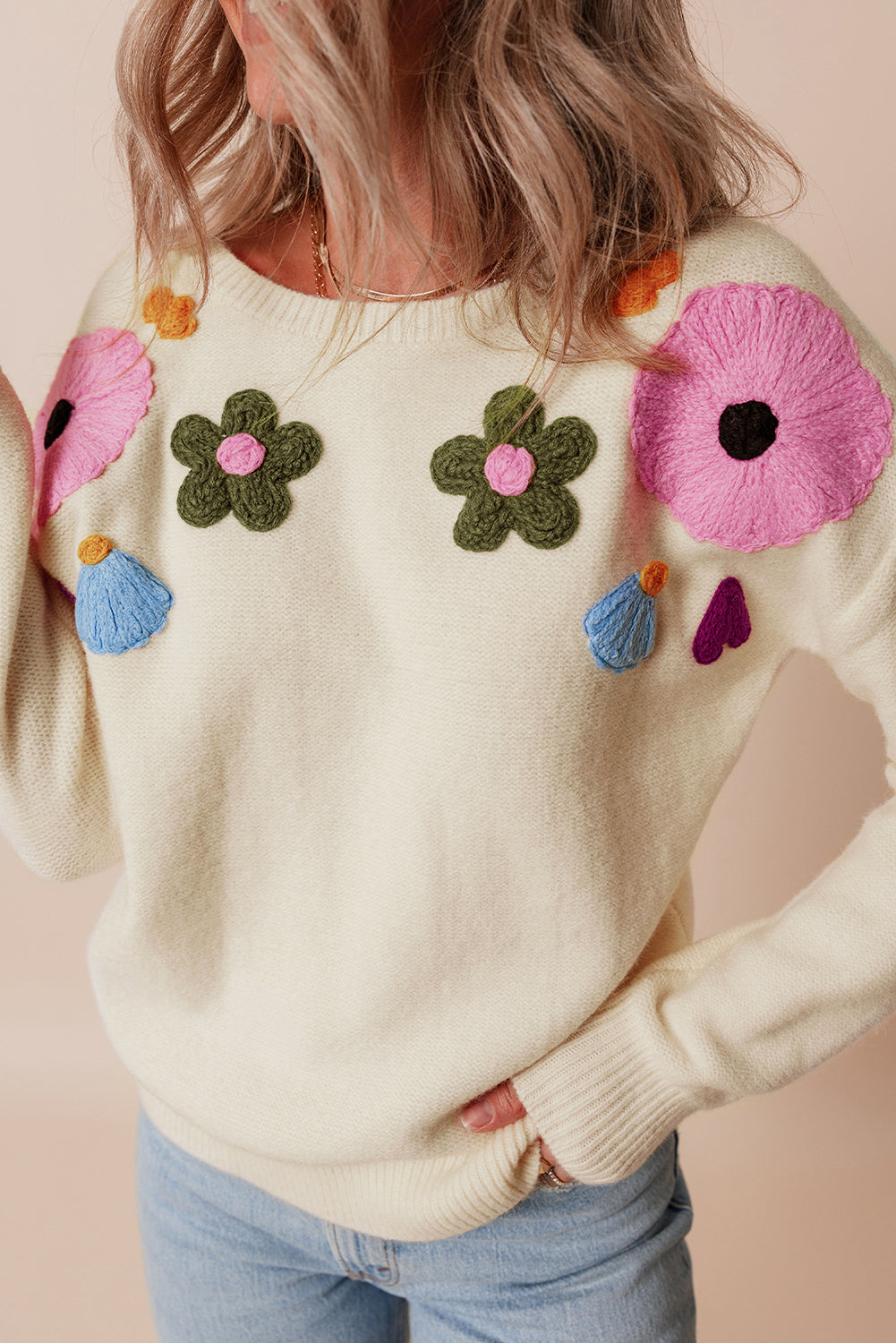 Pink Knitted Flower Pattern Ribbed Edge Sweater