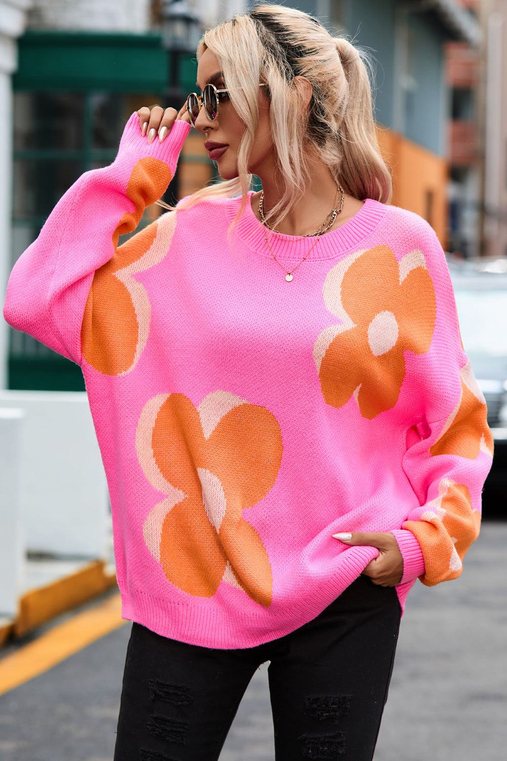 Camel Flower Pattern Slouchy Sweater