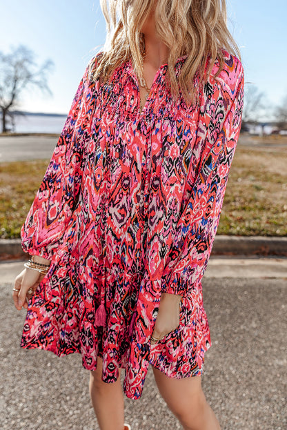 Rose Abstract Printed Tassel Tied Neck Long Sleeve Ruffled Mini Dress