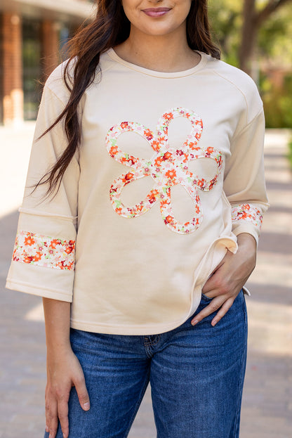 Grapefruit Orange Flower Patch Graphic Exposed Seam Wide Sleeve Top