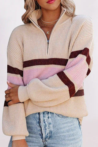 Striped Color Block Knit Zip Collared Sweater
