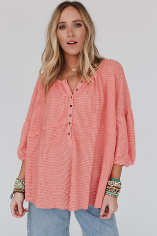 Waffled Bracelet Sleeve Oversized Henley Top