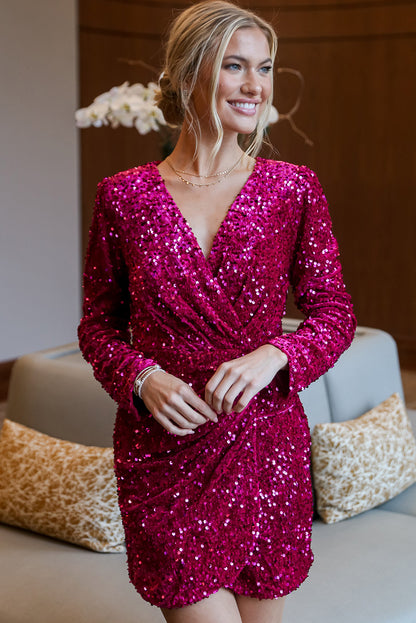 Pitaya Pink Velvet Sequin Long Sleeve V Neck Wrapped Mini Dress