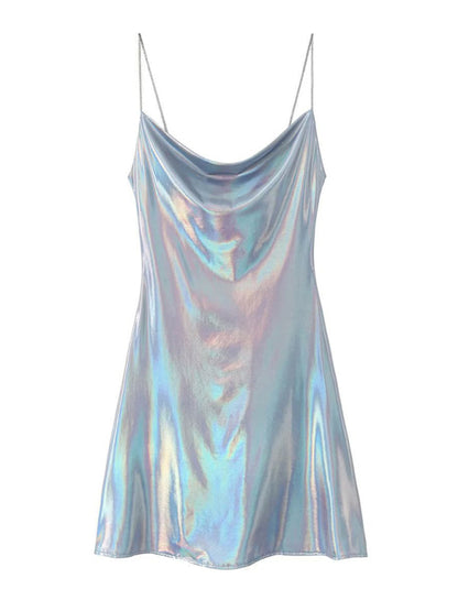 Low-cut backless metallic suspender dress