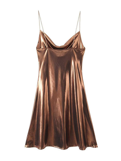 Low-cut backless metallic suspender dress