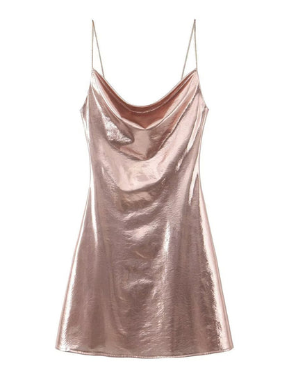 Low-cut backless metallic suspender dress