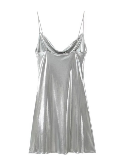 Low-cut backless metallic suspender dress