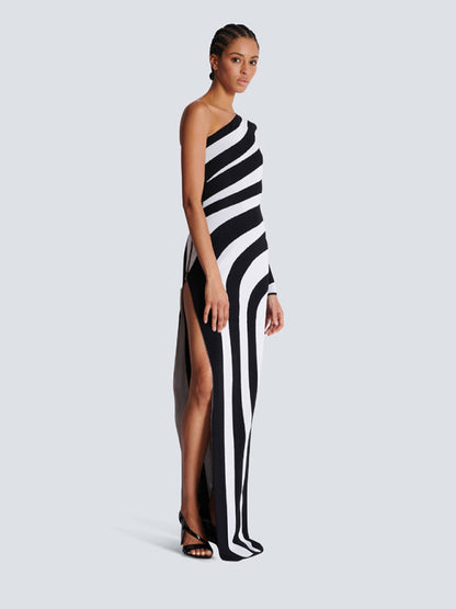 Zebra Print One Shoulder Long Sleeve Bare Leg Bandage Dress Banquet Party Dress