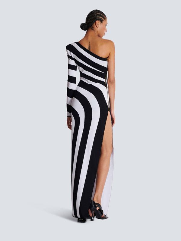 Zebra Print One Shoulder Long Sleeve Bare Leg Bandage Dress Banquet Party Dress