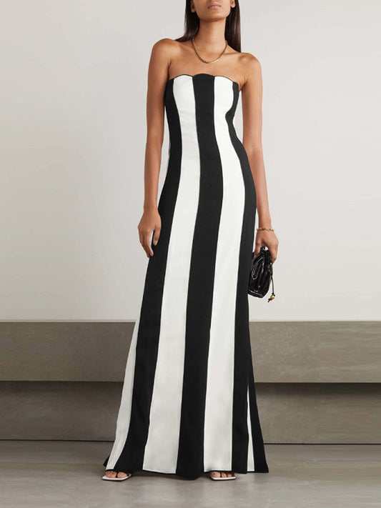 Strapless black and white striped party dress