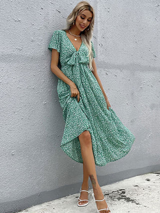 Women's Short Sleeve Green Print V-Neck Dress