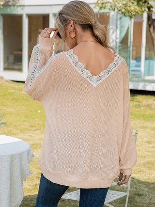 Women's Cutout Lace Panel Waffle V-Neck Top