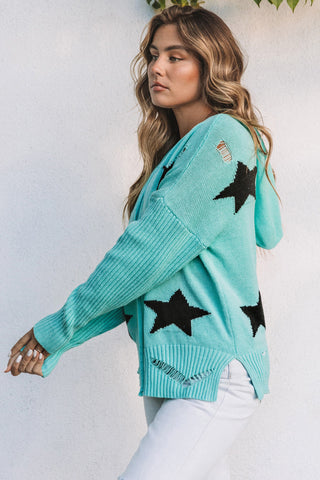 Star Hooded Sweater with Slits