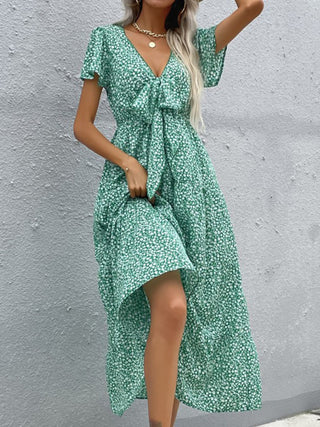 Women's Short Sleeve Green Print V-Neck Dress