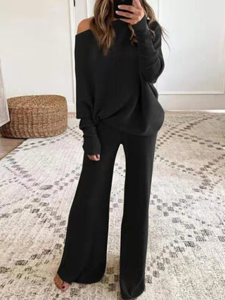 Women's Off The Shoulder Ribbed Wide Legs Pants Sweater Set