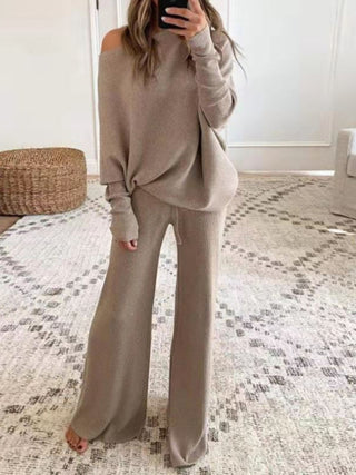 Women's Off The Shoulder Ribbed Wide Legs Pants Sweater Set