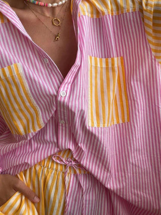 Women's Striped Shirt with Matching Drawstring Short Set