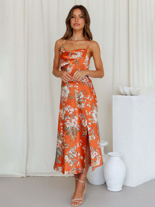 Women's Satin Sling Floral Midi Dress