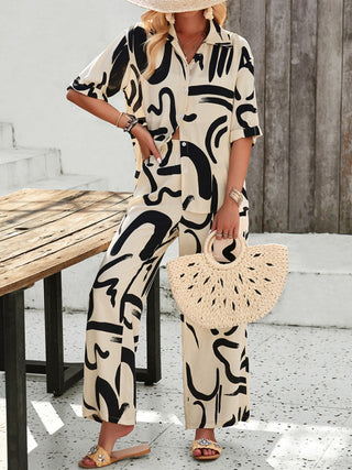 New women's casual fashion printed lapel short-sleeved shirt and trousers vacation suit