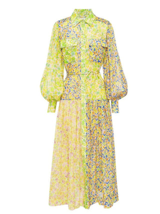 Women's floral color block lantern sleeve long dress