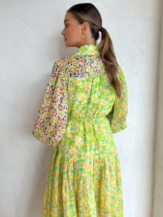 Women's floral color block lantern sleeve long dress